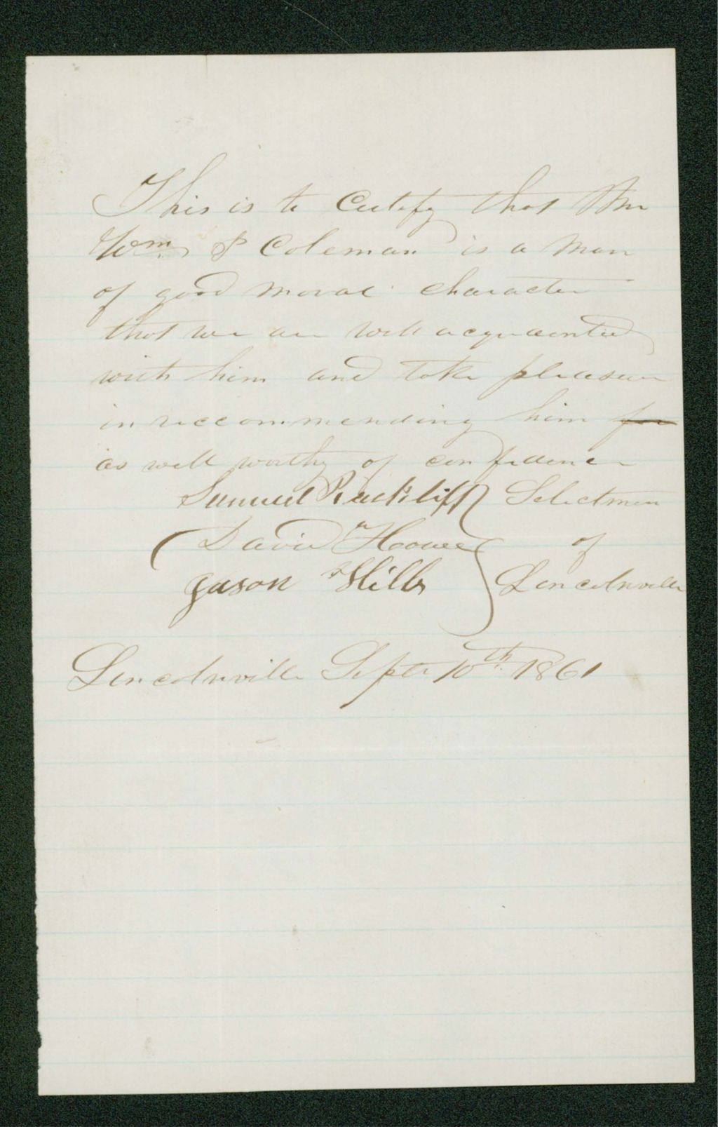 Miniature of David Howe and other Lincolnville selectmen recommend William Coleman for commission