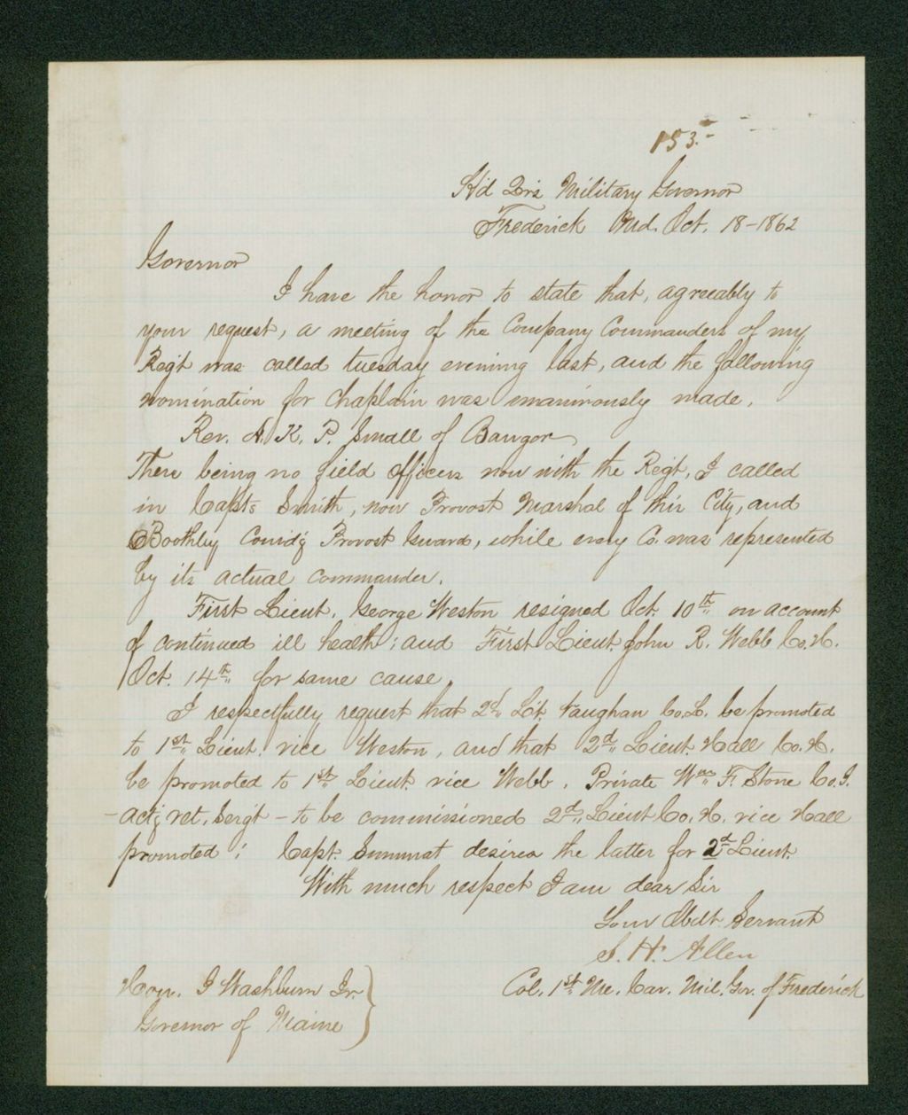 Miniature of Colonel Allen informs Governor Washburn of the selection of Reverend A.K.P. Small as chaplain