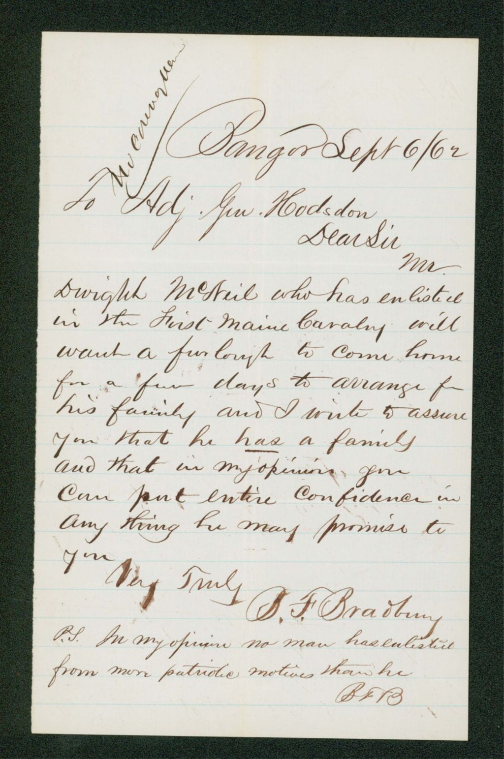Miniature of B.F. Bradbury recommends Dwight McNeil for a furlough