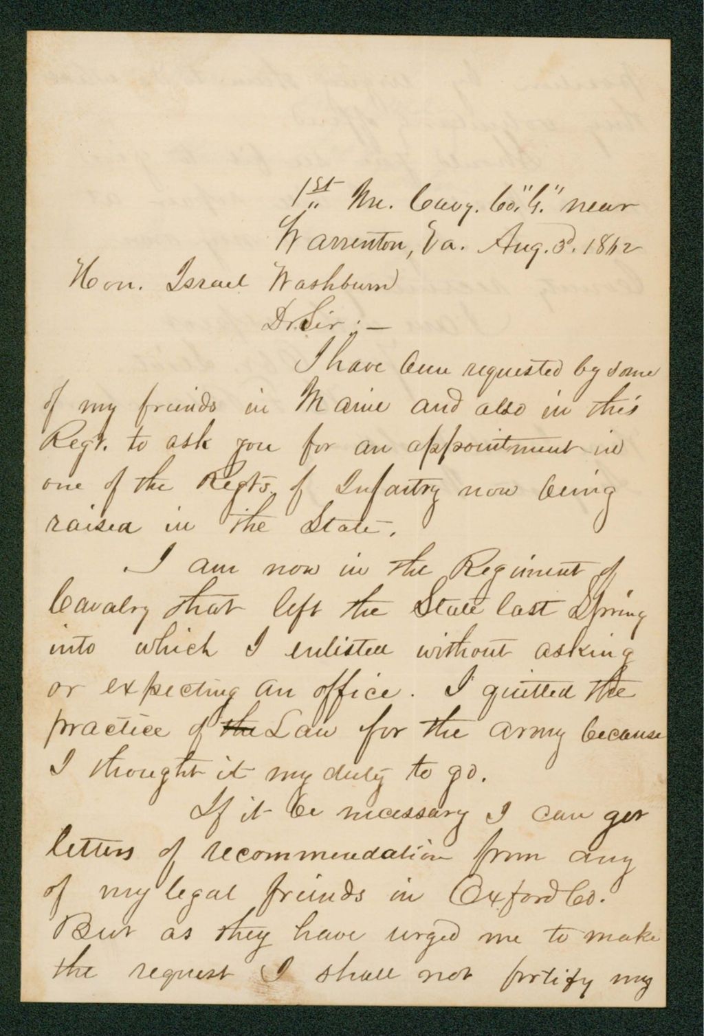 Miniature of Mr. Blanchard requests an appointment in one of the new regiments