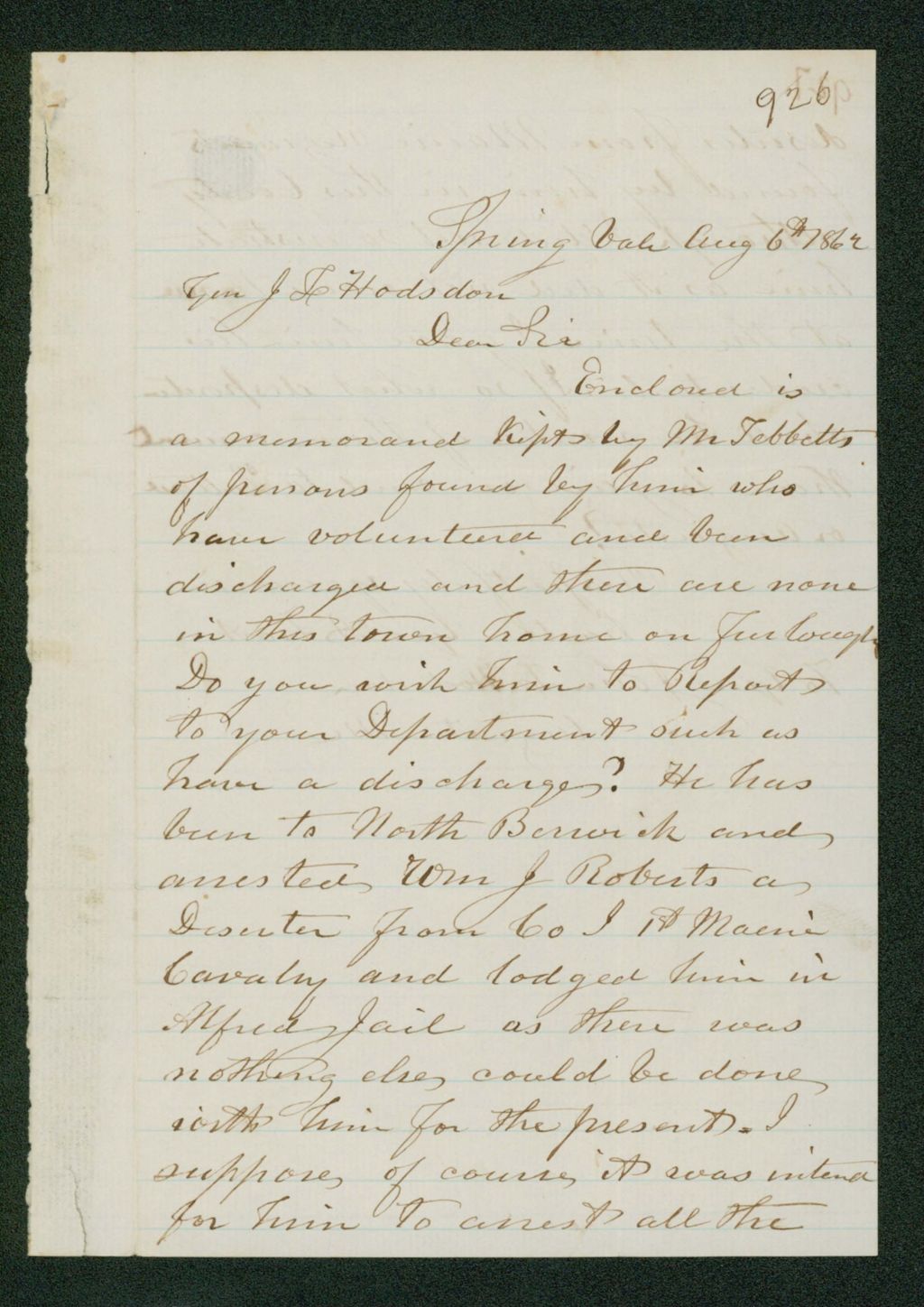 Miniature of George A. Frost reports on deserters found by Mr. Tibbetts