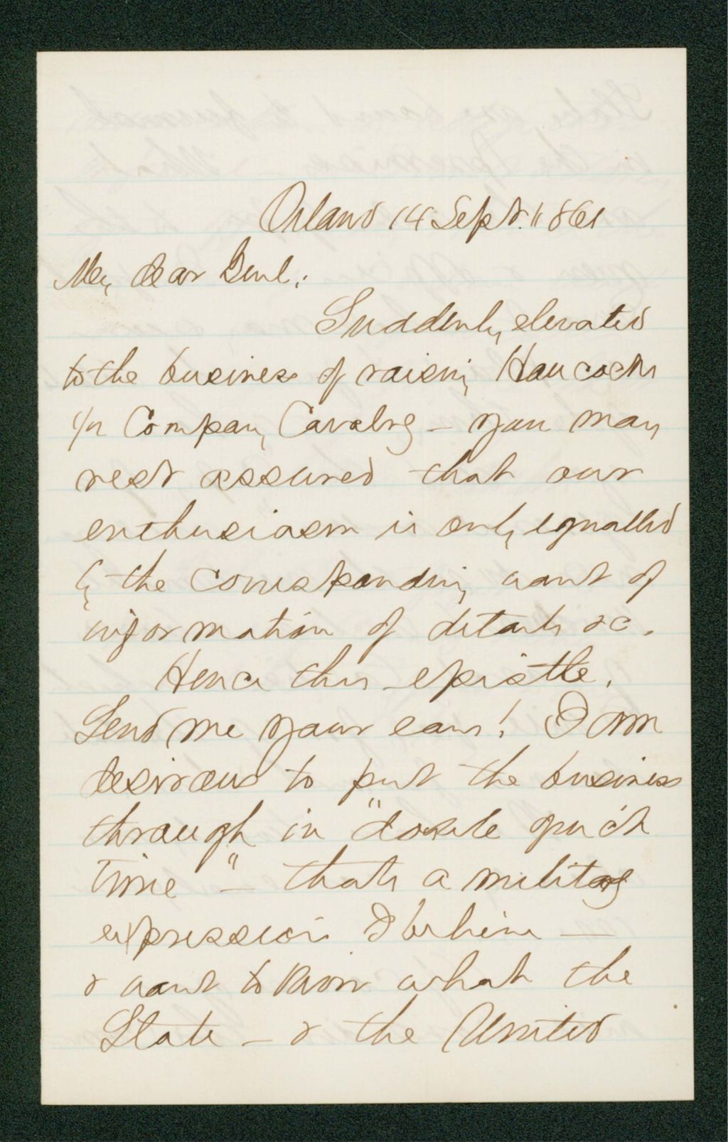 Miniature of Charles Hamlin inquires about pay for cavalry recruits and officers
