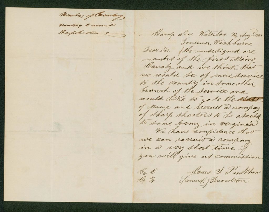 Miniature of Moses Pinkham and Samuel Knowlton request to return home to recruit for a company of sharpshooters