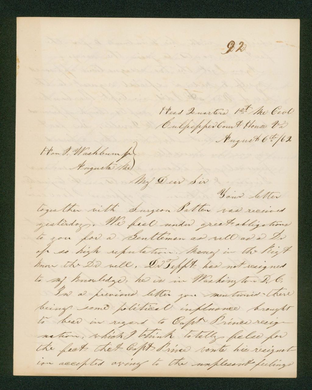 Miniature of Colonel Allen writes Governor Washburn about Surgeon Patten and resignation of Captain Prince