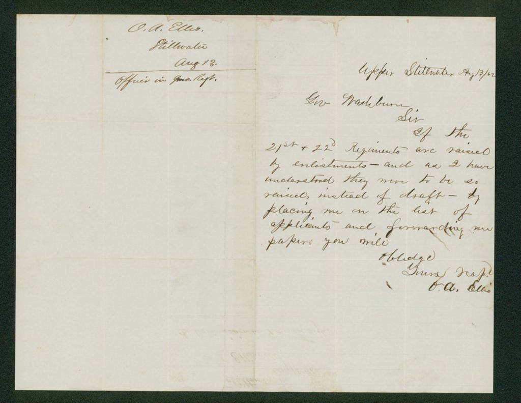 Miniature of O.A. Ellis applies for an officer's position in the 21st or 22nd Maine Regiment