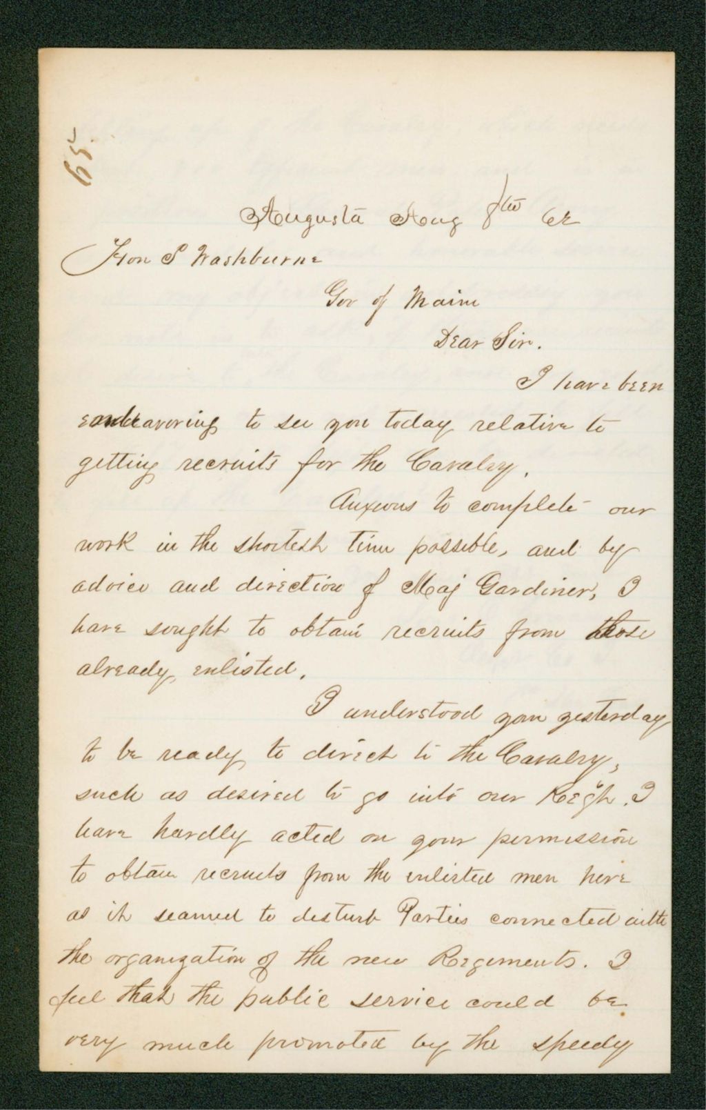 Miniature of Louis Cowan writes Governor Washburn about getting recruits for the regiment
