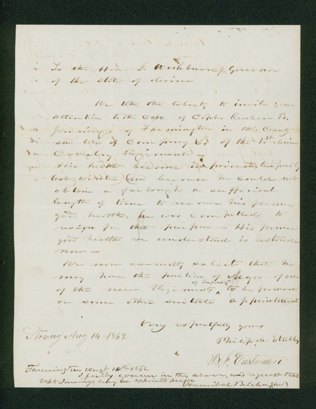 Miniature of Philip Stubbs and others recommend Captain Reuben B. Jennings for promotion