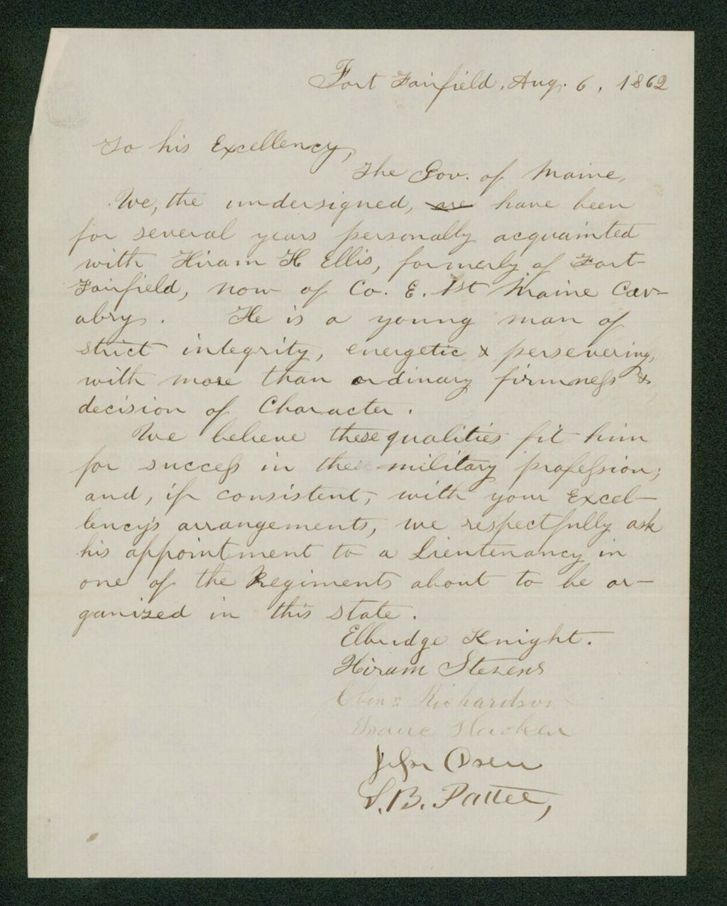 Miniature of Elbridge Knight and others recommend Hiram H. Ellis for promotion