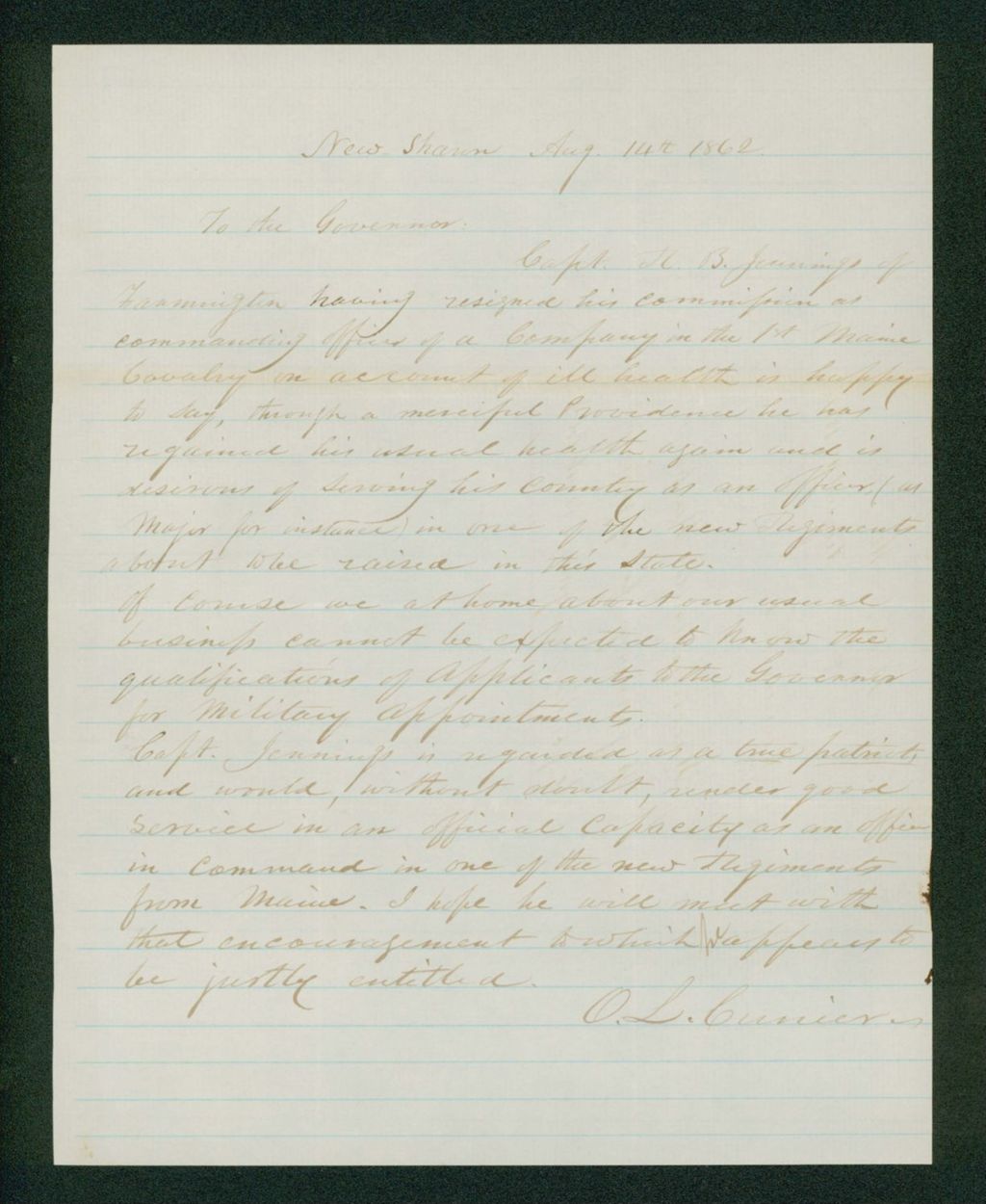 Miniature of O.L. Currier recommends Reuben B. Jennings for appointment in a 9 month regiment