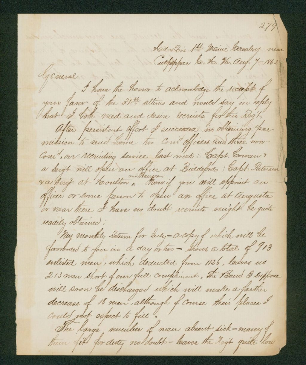Miniature of Colonel Allen writes General Hodsdon that he needs recruits for the regiment