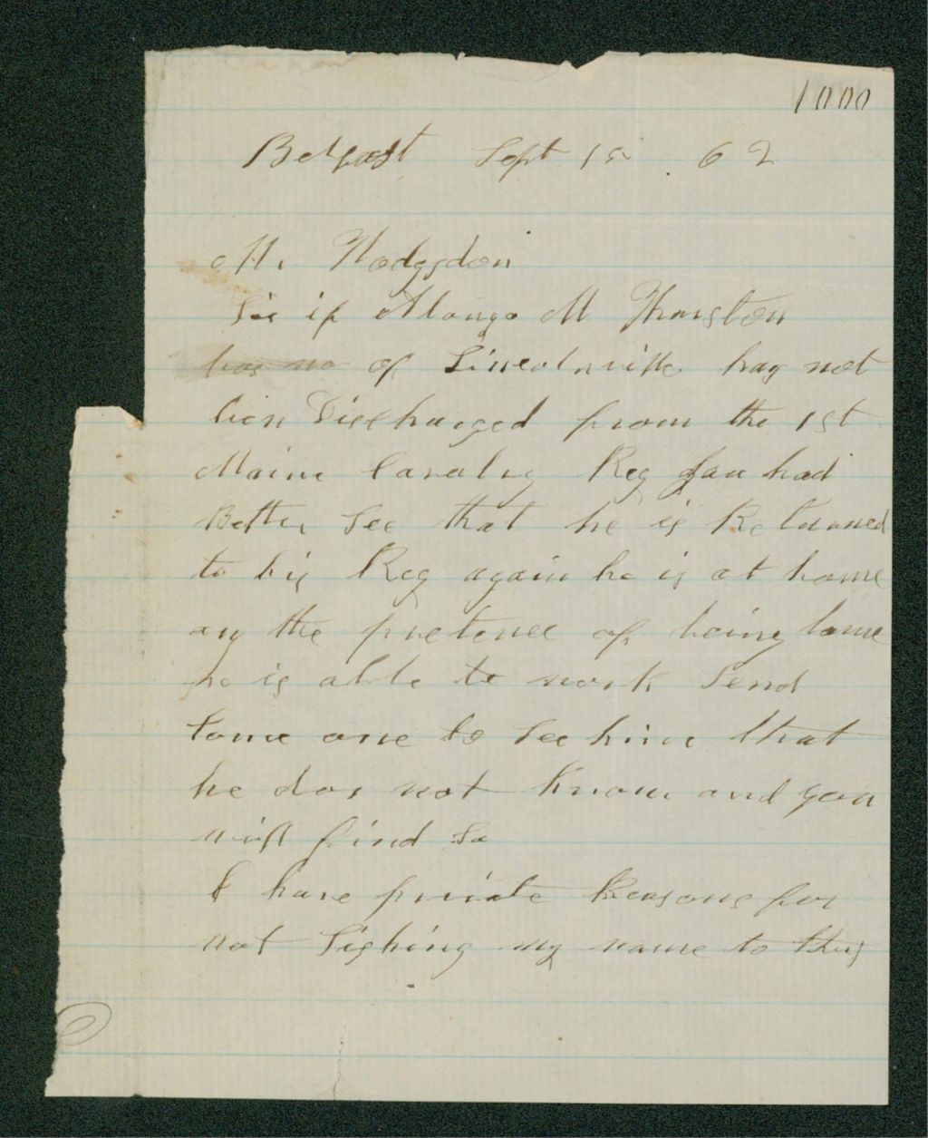 Miniature of Anonymous letter to General Hodsdon accusing Alonzo M. Thurston of Lincolnville of being a deserter