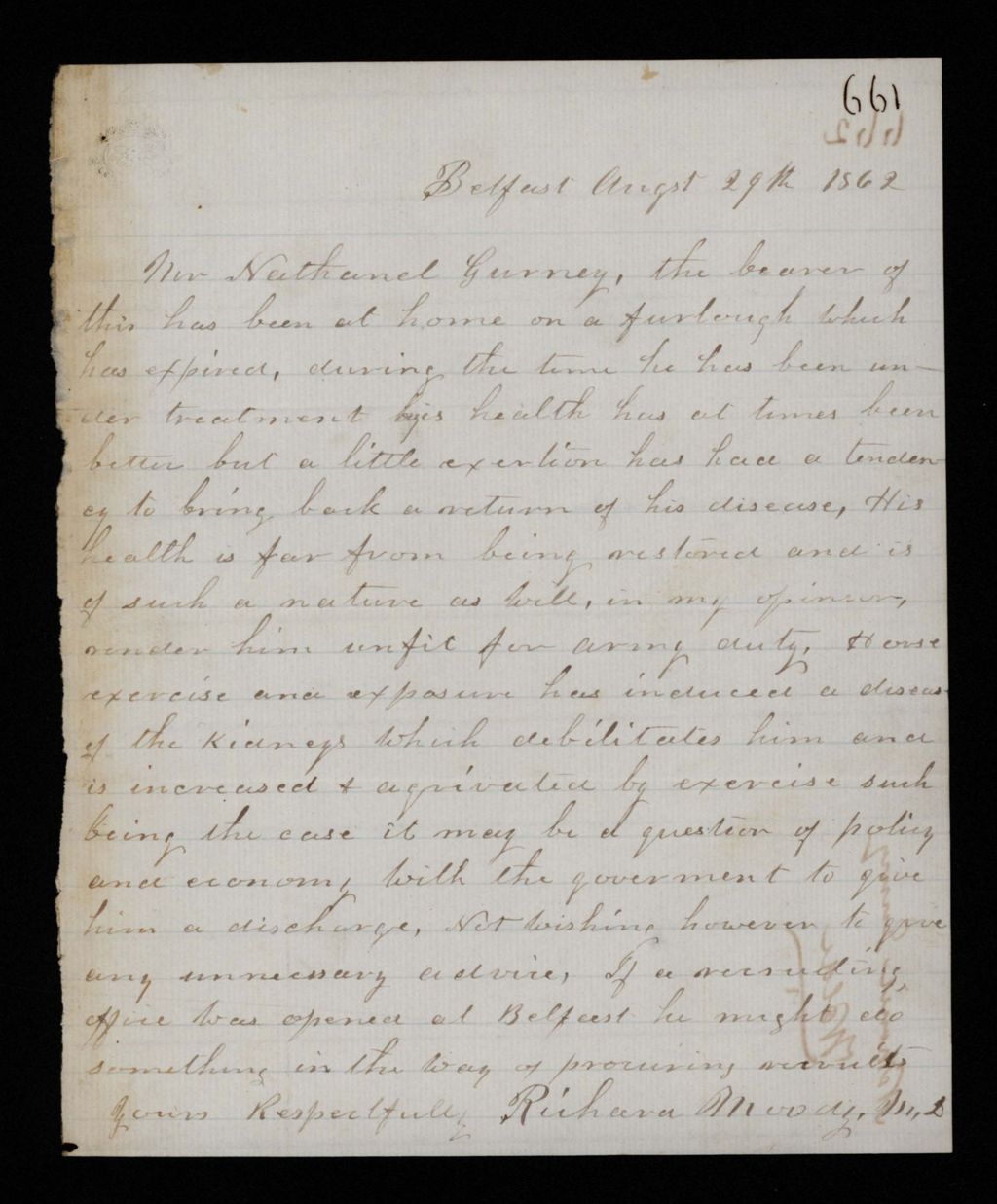 Miniature of Dr. Richard Moody requests a disability discharge for Nathaniel Gurney