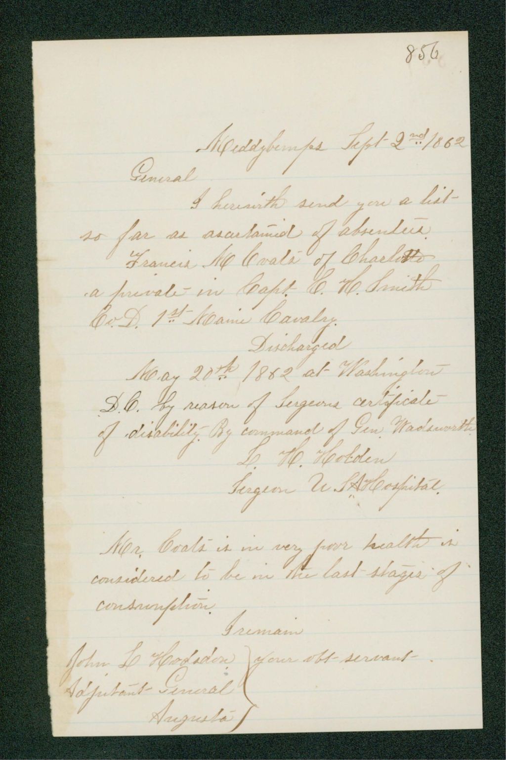 Miniature of Dr. L.H. Holden reports on absentee Francis Coats of Company D