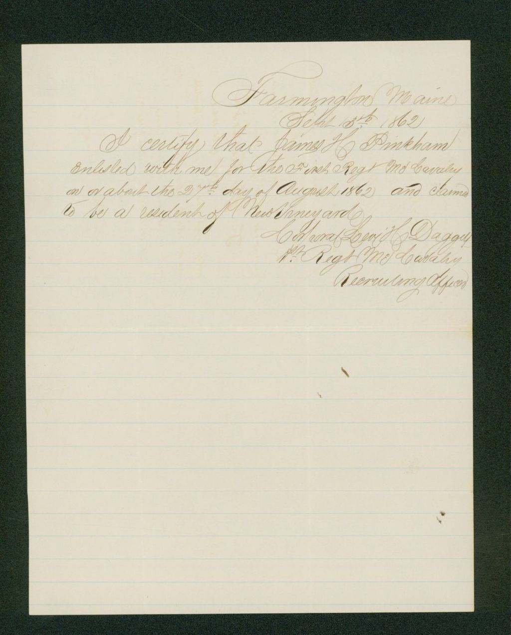 Miniature of Corporal Levi H. Daggett certifies enlistment of James H. Pinkham