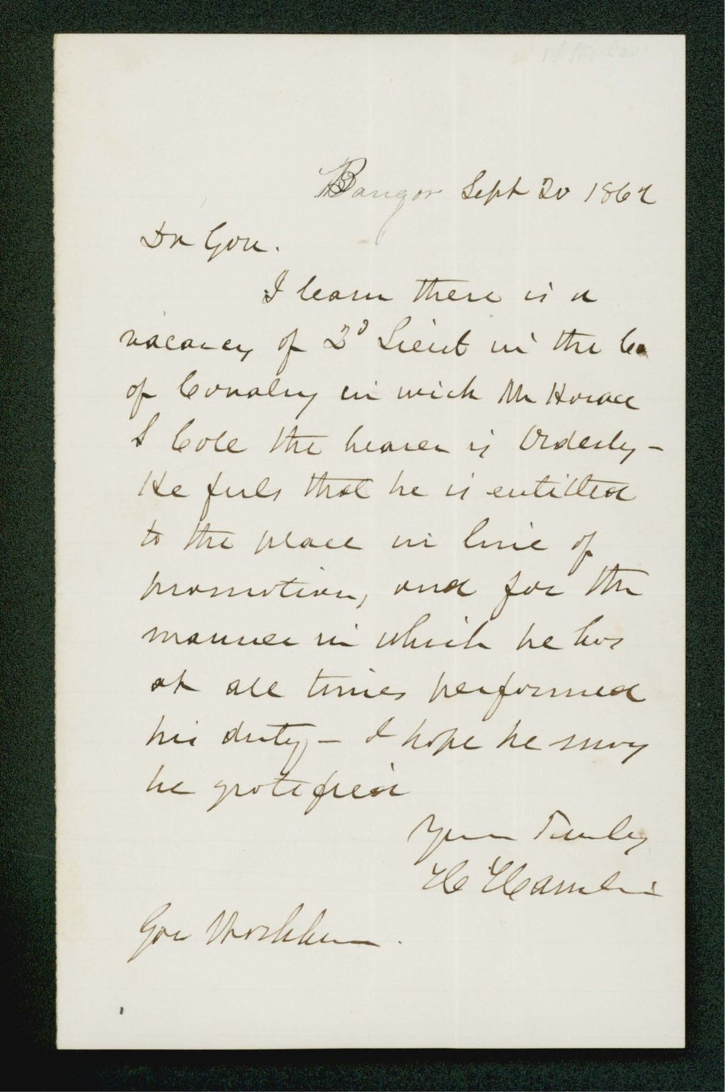 Miniature of Hannibal Hamlin recommends Horace Cole for 2nd Lieutenant
