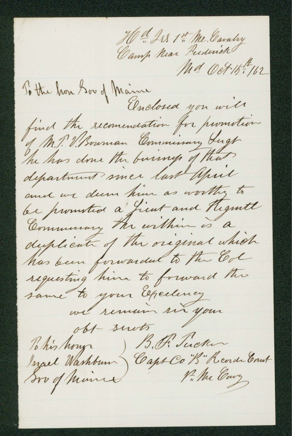 Miniature of Captain B.F. Tucker of Company B recommends M. Bowman for promotion