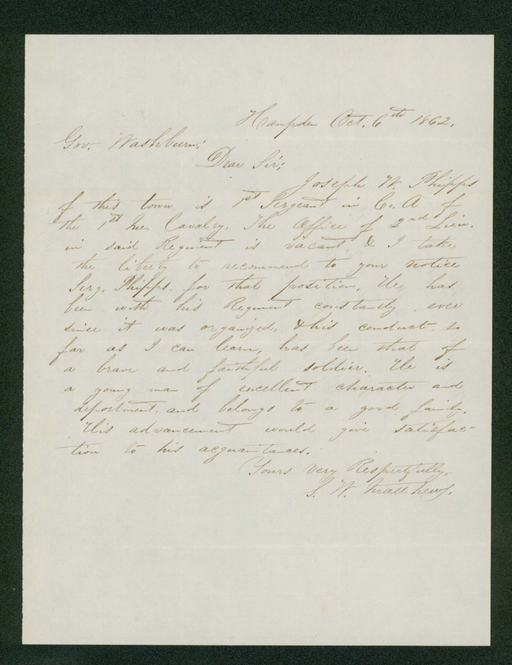 Miniature of S.W. Matthews recommends Sergeant Joseph Phipps for promotion
