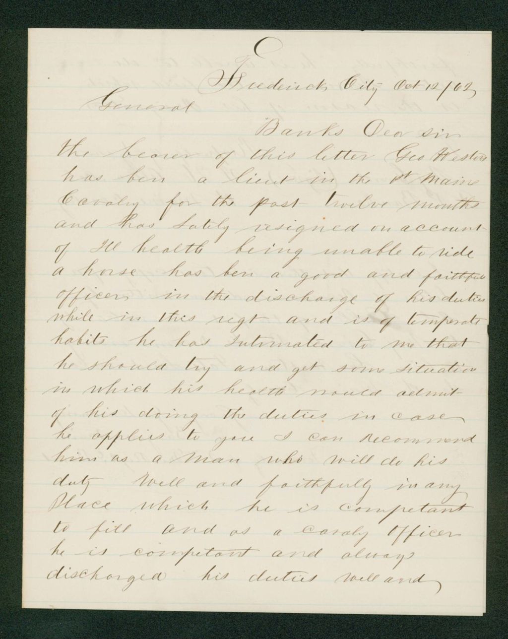 Miniature of Colonel Allen recommends Lieutenant George Weston to General Banks