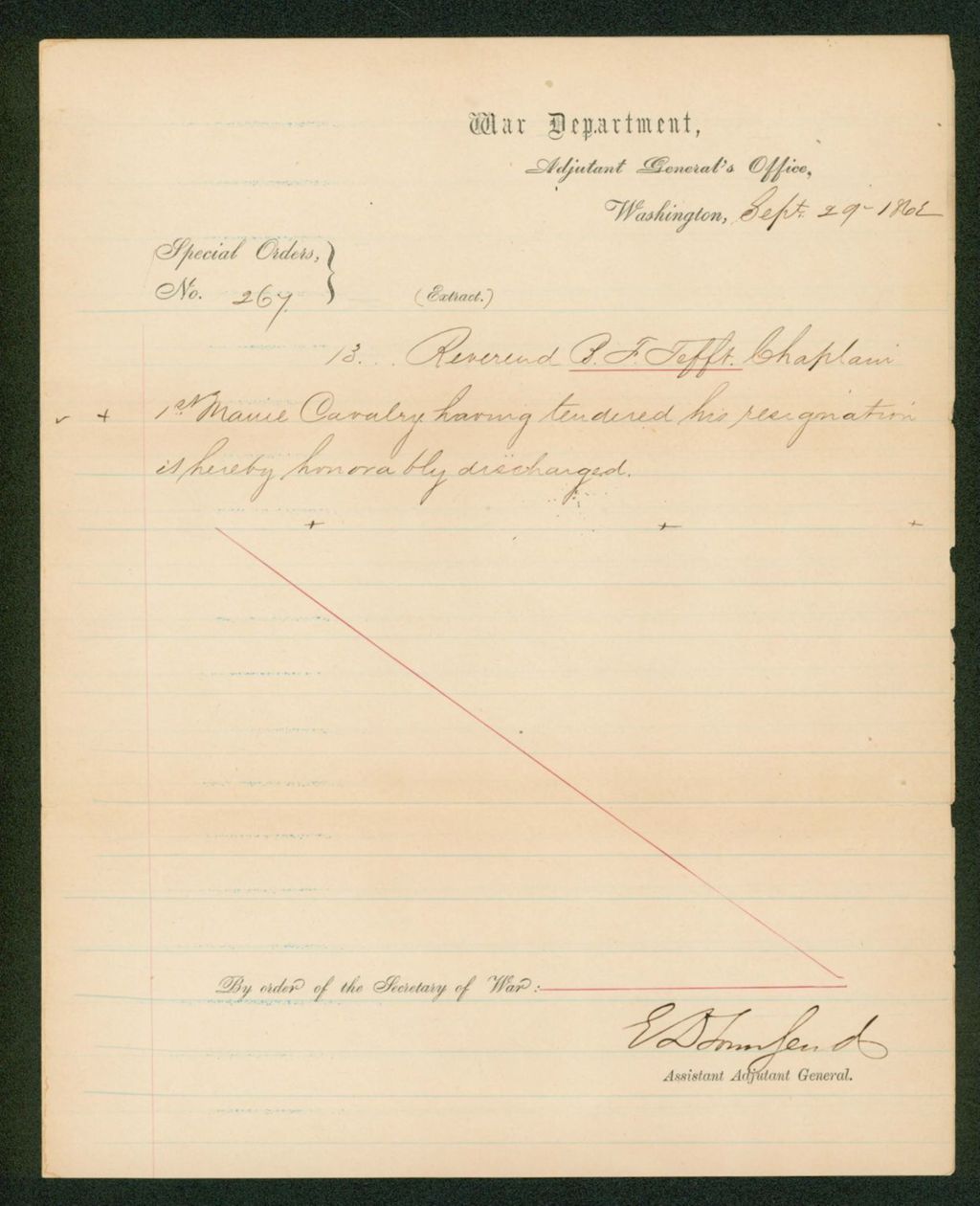 Miniature of Special Order 269 honorably discharging Reverend B.F. Tefft