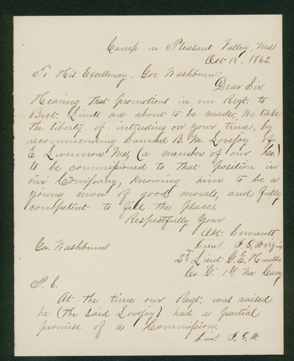 Miniature of Officers recommend Samuel B. M. Lovejoy for position as Lieutenant