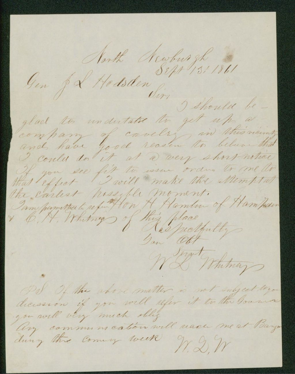 Miniature of William Whitney writes General Hodsdon that he will begin recruiting for the cavalry