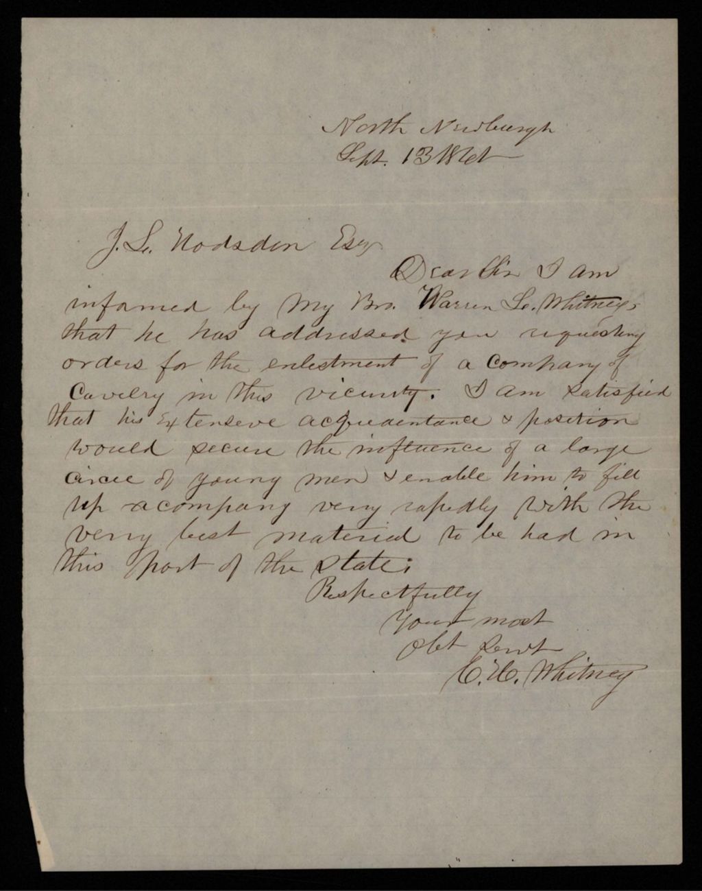 Miniature of E.H. Whitney recommends his brother Warren L. Whitney for recruiting position
