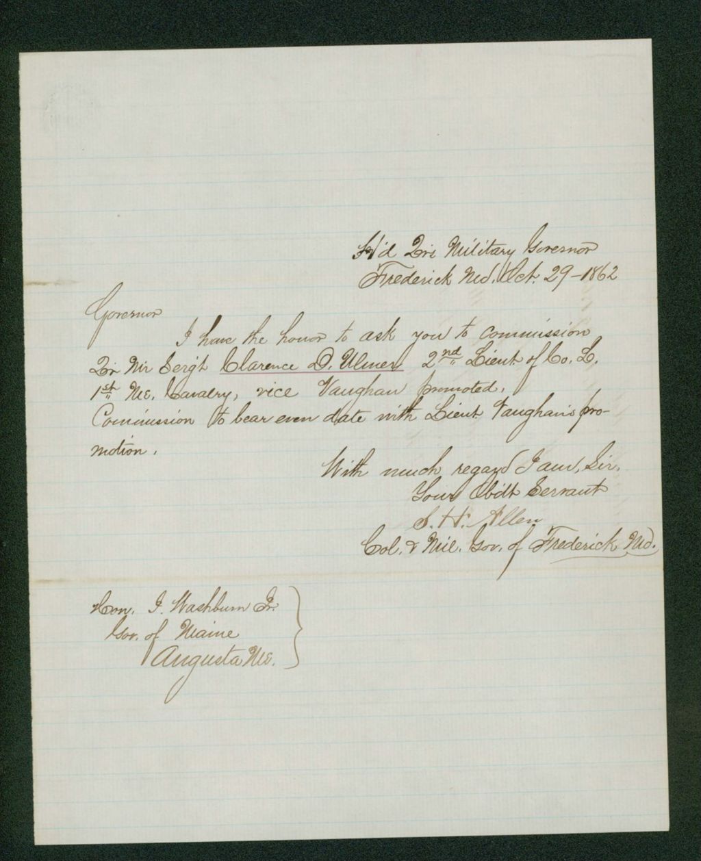 Miniature of Colonel Allen requests a commission for Quarter Master Sergeant Clarence D. Ulmer