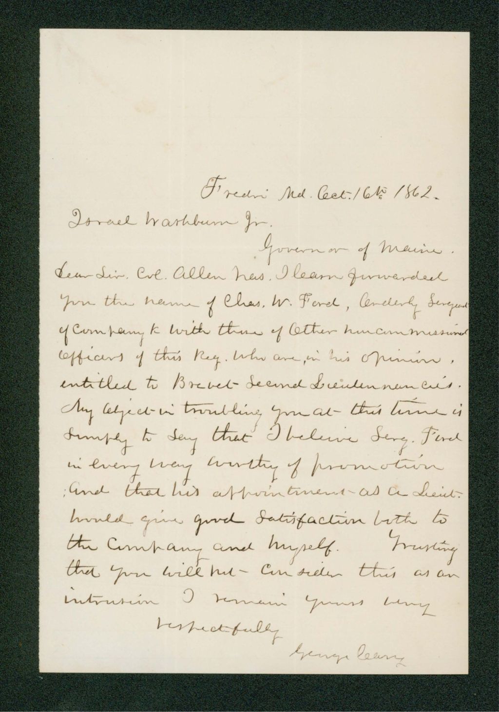 Miniature of George Leary recommends Charles W. Ford for promotion