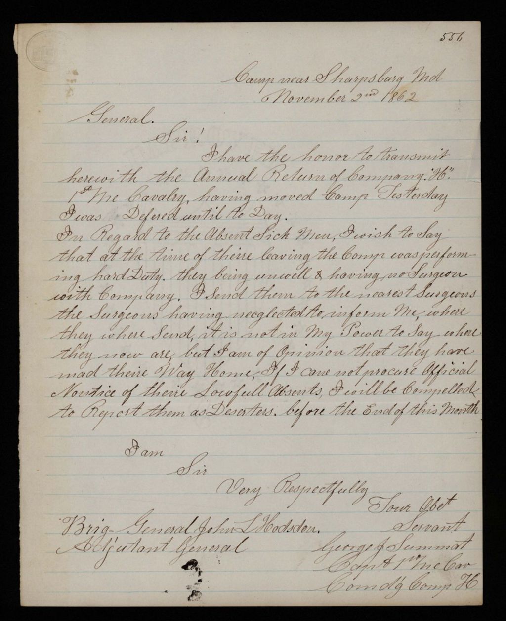 Miniature of Captain George Summat reports on absentee sick