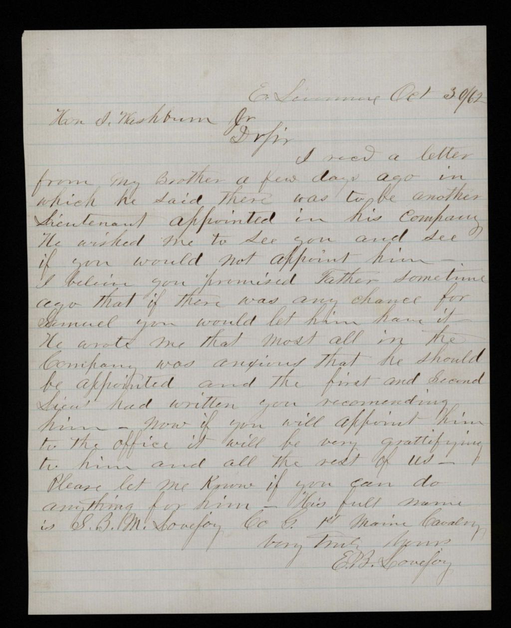 Miniature of E.B. Lovejoy requests a commission for his brother S.B.M. Lovejoy
