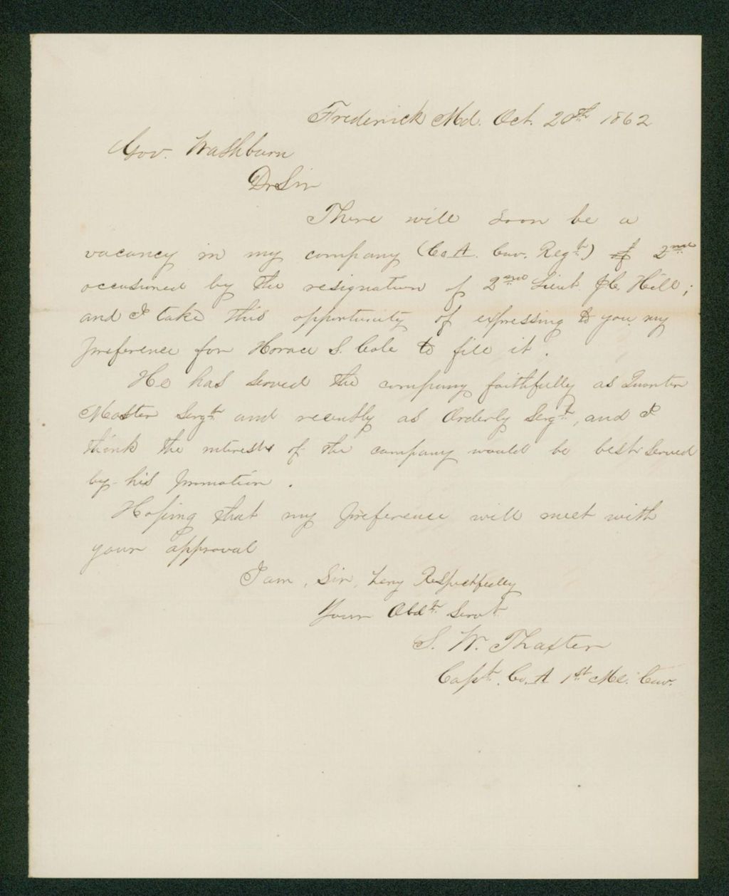 Miniature of Captain Thaxter of Company A recommends Horace Cole for 2nd Lieutenant