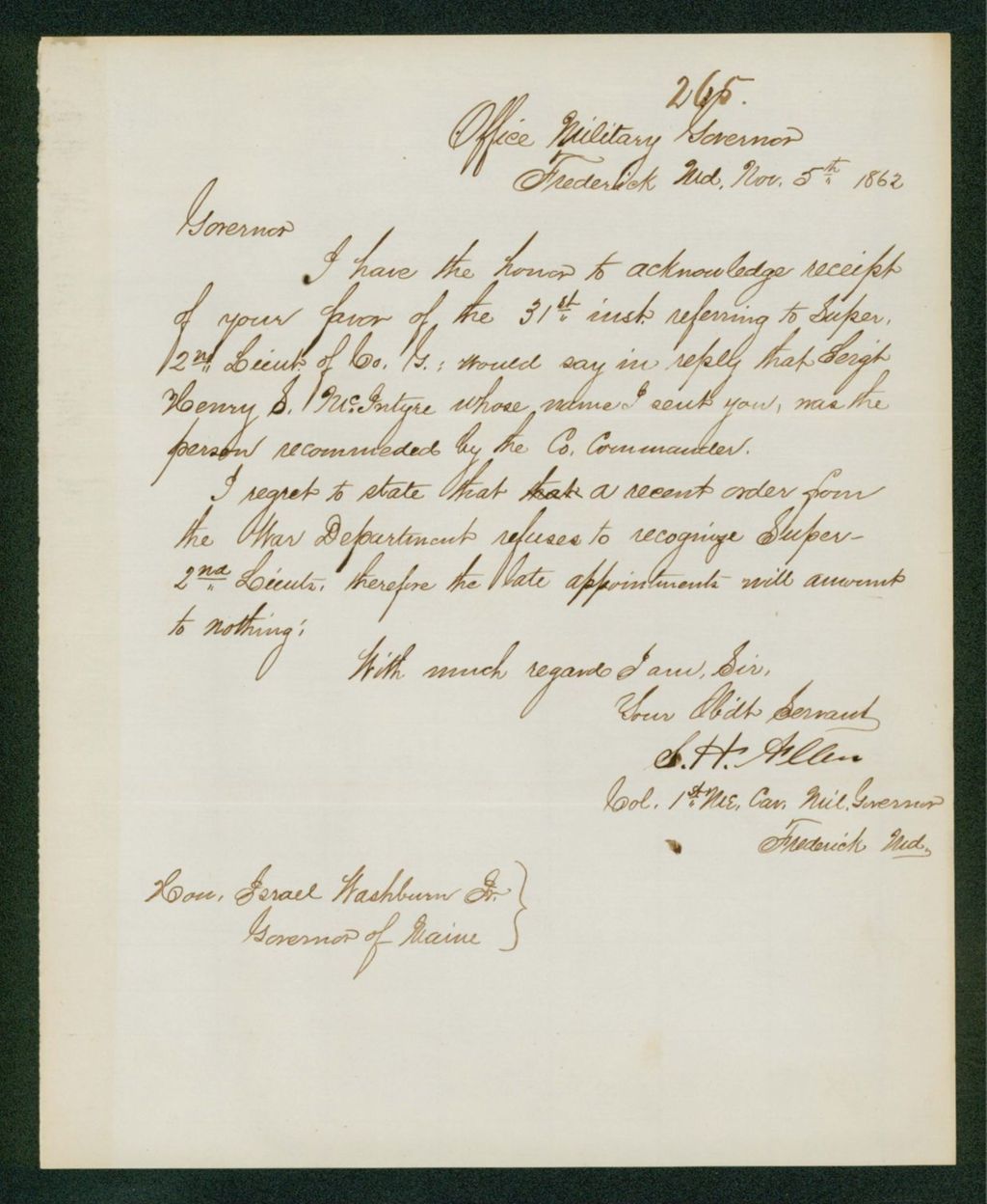 Miniature of Colonel Allen writes Governor Washburn regarding Super 2nd Lieutenants
