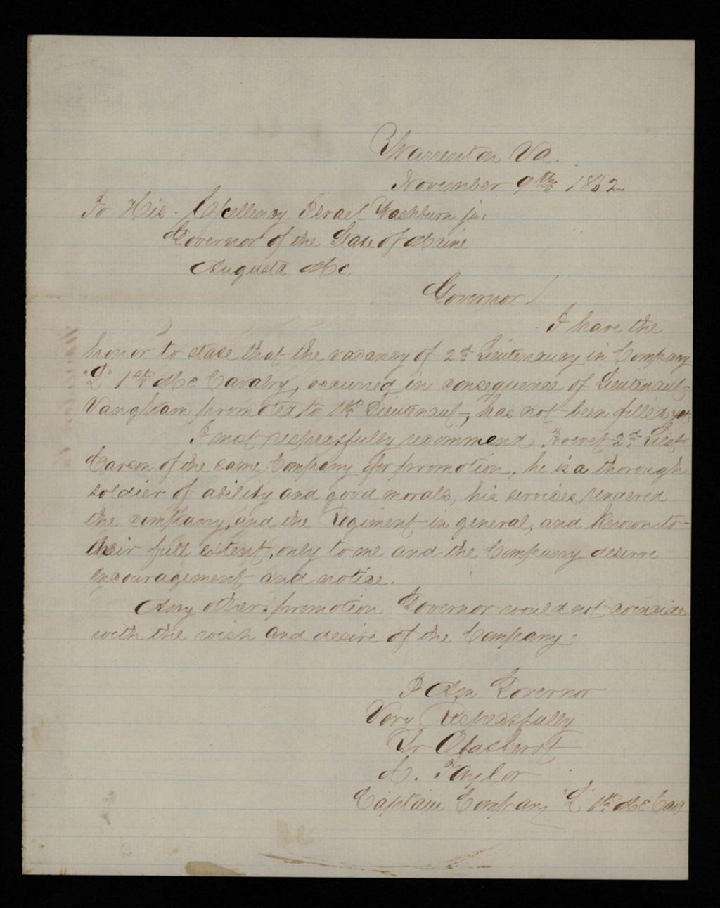Miniature of Captain C. Taylor recommends J.P. Carson for 2nd Lieutenant
