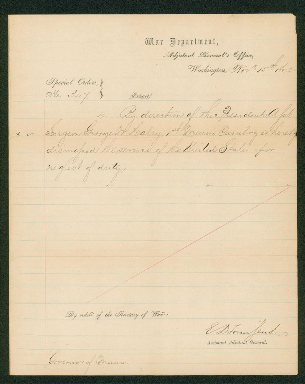Miniature of Special Order 347 dismissing Surgeon George Haley for neglect of duty