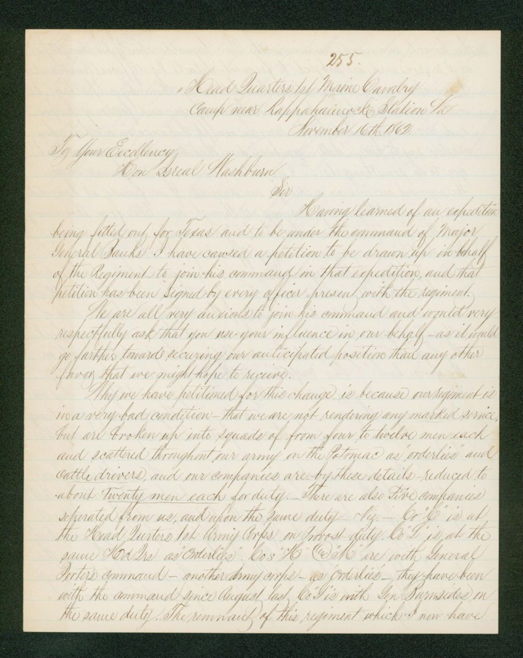 Miniature of Lieutenant Colonel Douty petitions that the regiment join General Banks' command