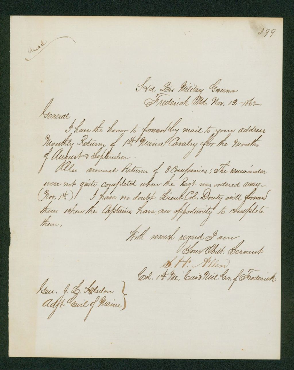 Miniature of Colonel Allen forwards monthly returns