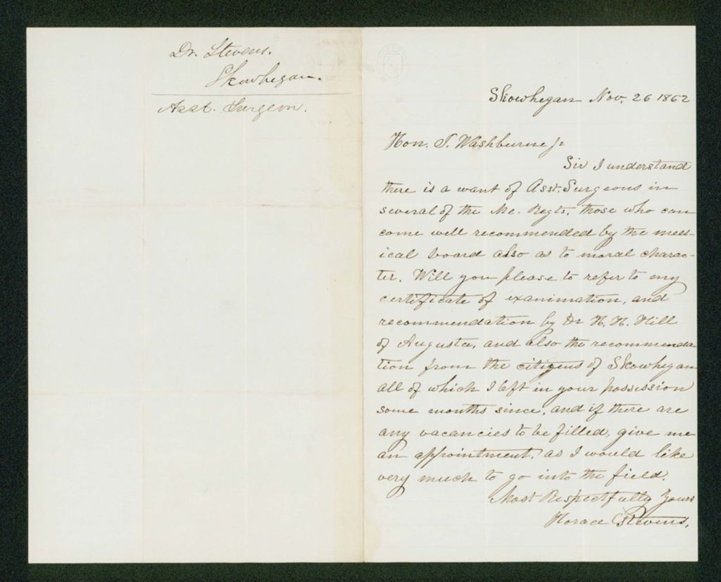 Miniature of Horace Stevens requests a commission as assistant surgeon
