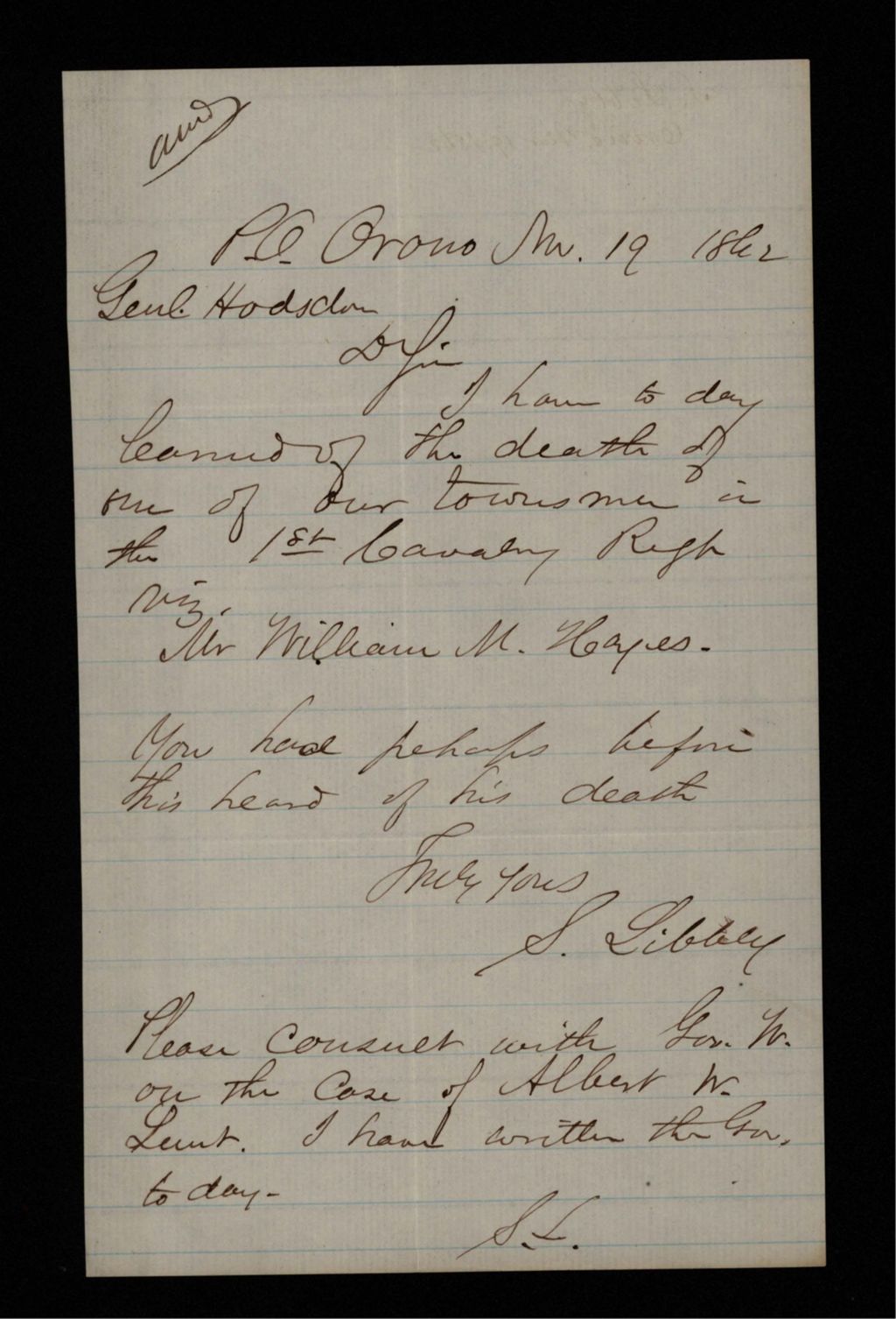 Miniature of S. Libbey writes Adjutant General Hodsdon about the death of William M. Hayes
