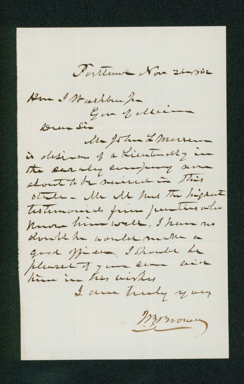 Miniature of Mr. Brown recommends John Meserve for Lieutenant