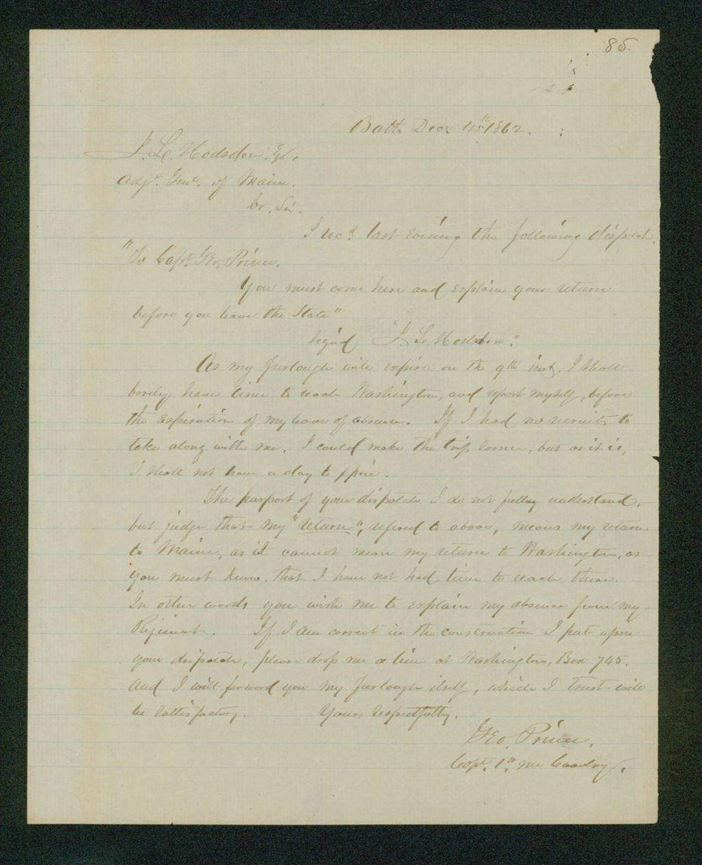 Miniature of Captain George Prince writes regarding his furlough