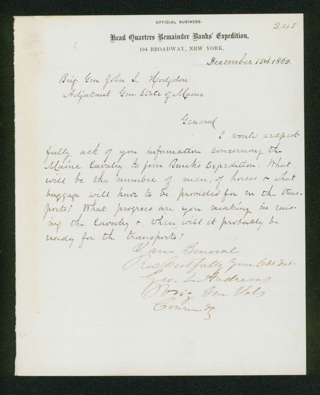 Miniature of Brigadier General George L. Andrews requests information on the 1st Cavalry joining General Banks' command
