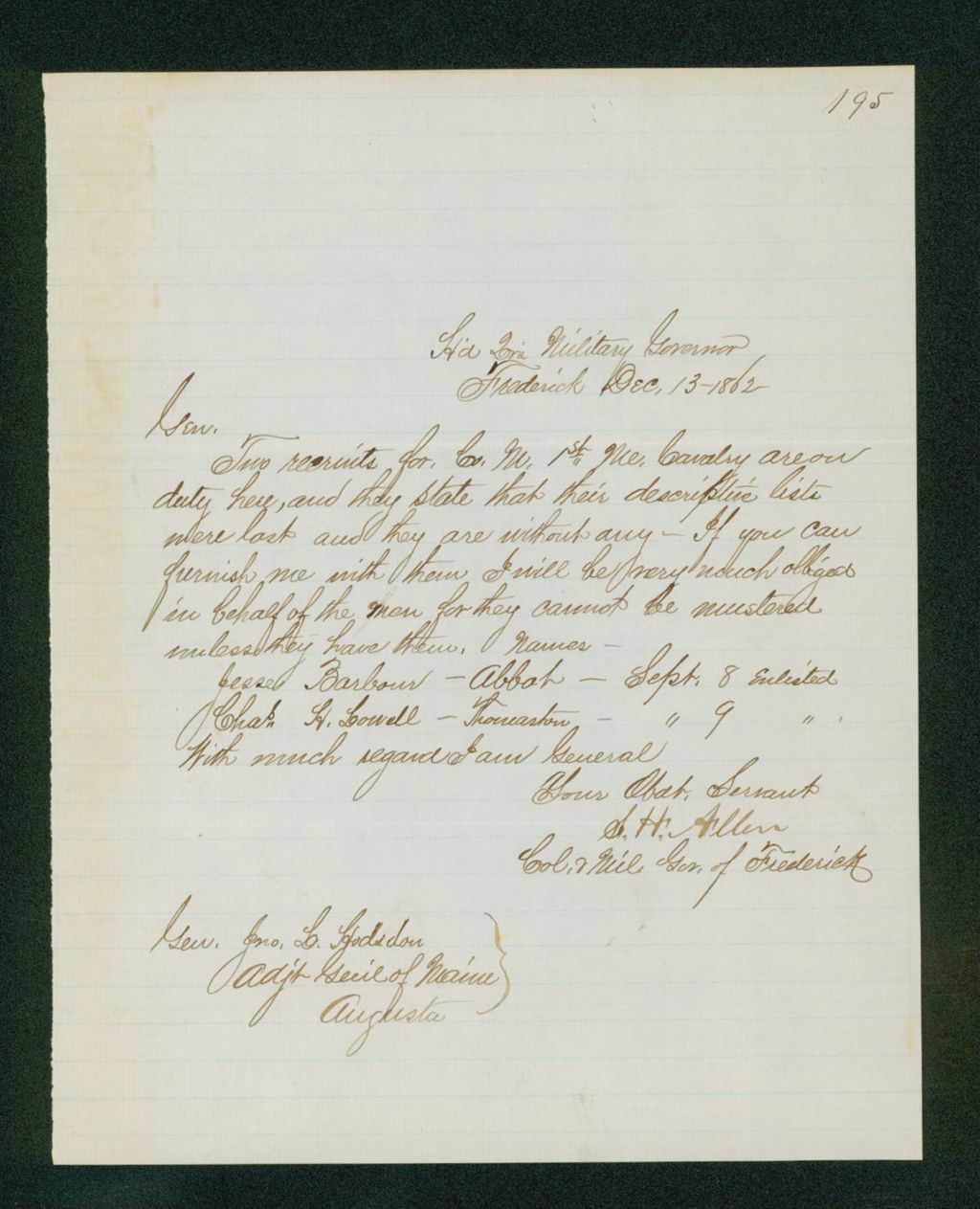 Miniature of Colonel Allen requests descriptive lists for recruits Jesse Barbour and Charles Lowell