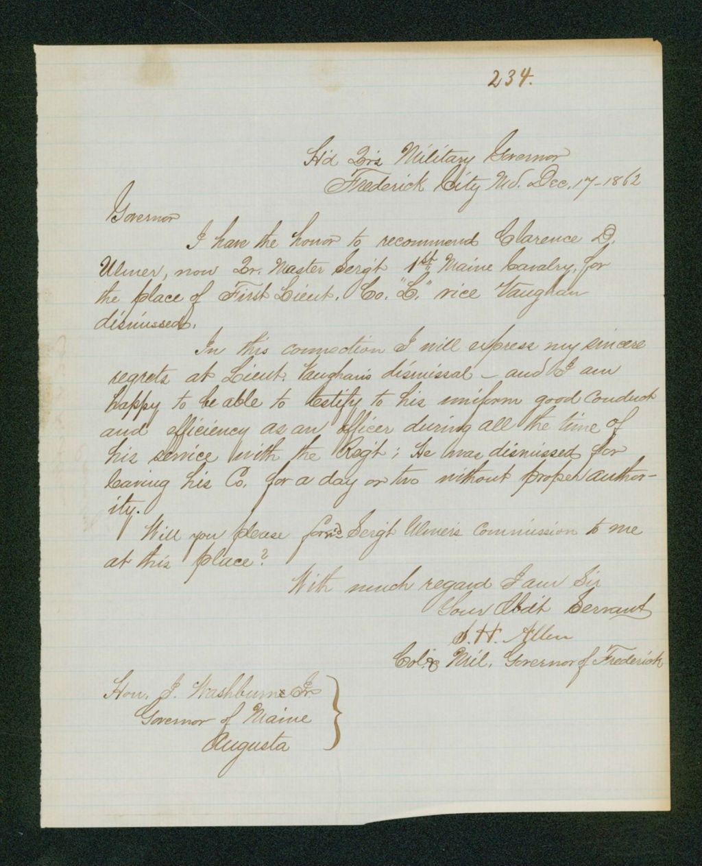 Miniature of Colonel Allen recommends Quarter Master Clarence Ulmer for 1st Lieutenant