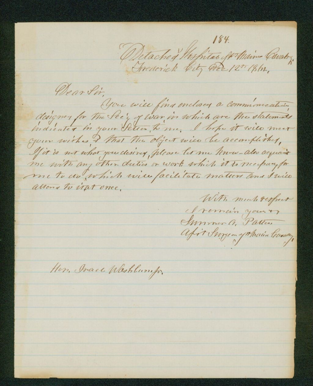 Miniature of Assistant Surgeon Sumner Patten writes Governor Washburn