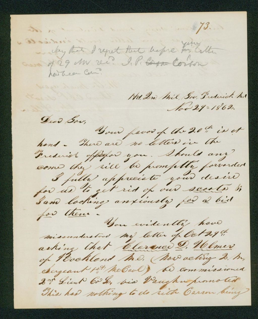 Miniature of Colonel Allen writes Governor Washburn about misunderstandings