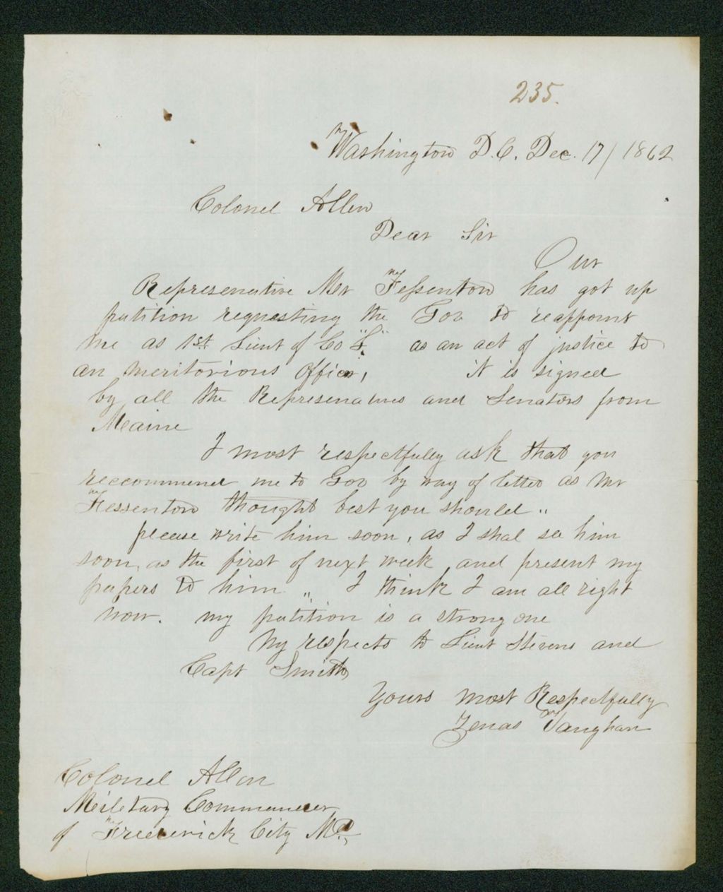 Miniature of Zenas Vaughan writes Colonel Allen regarding a petition in his favor signed by Maine Legislature