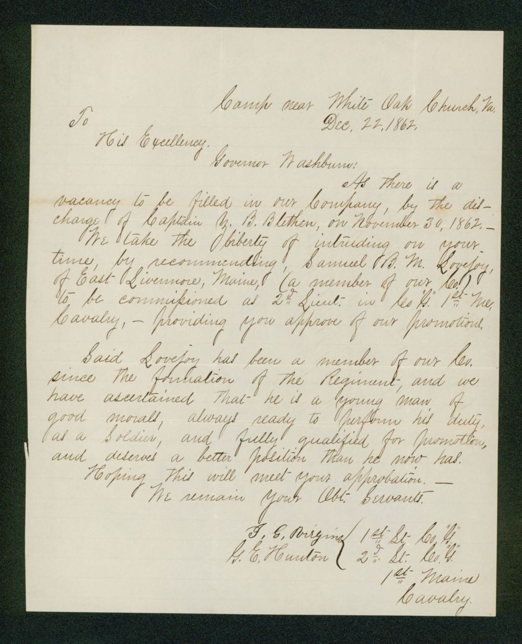 Miniature of Lieutenants Virgin and Hunton recommend Samuel Lovejoy for promotion
