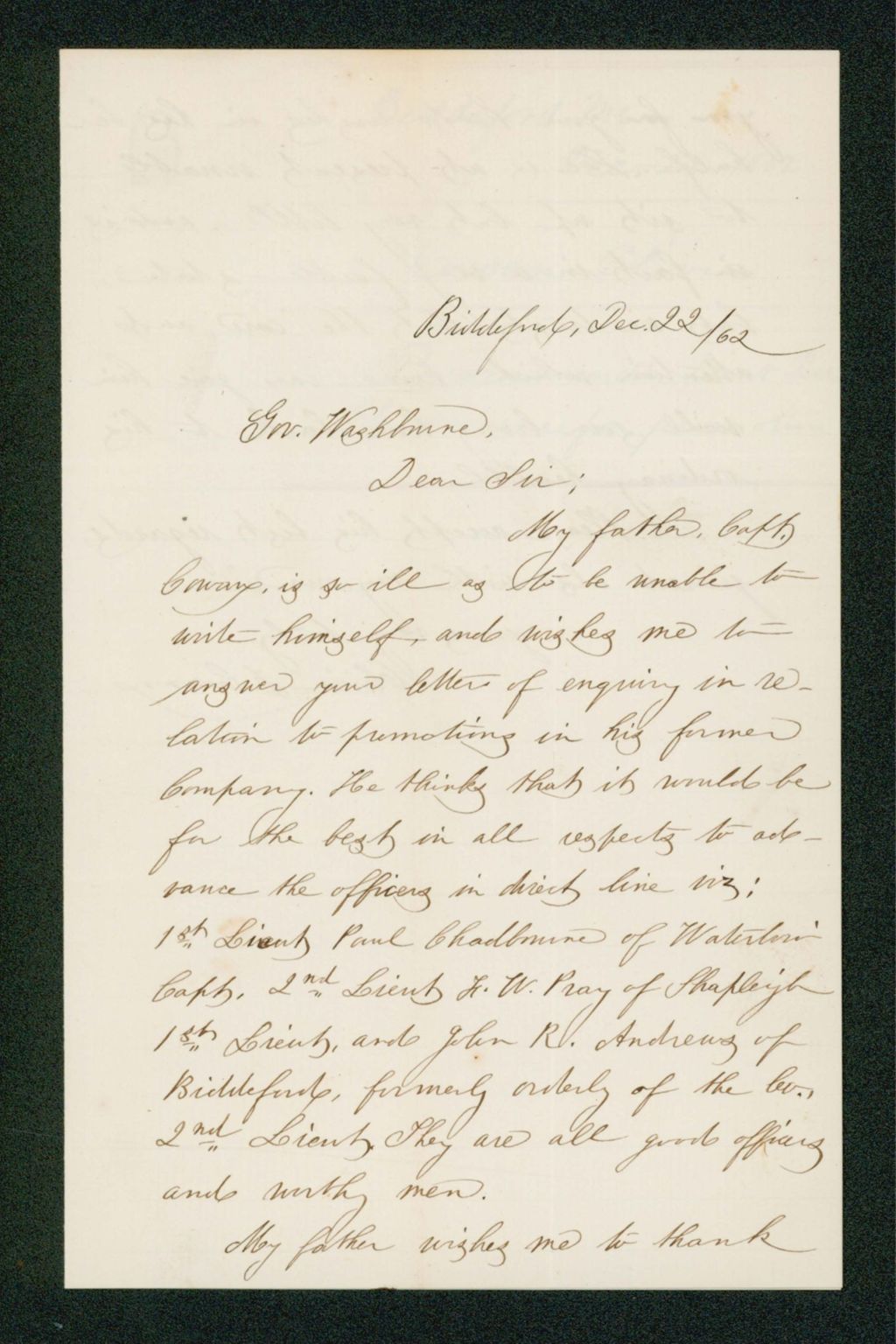 Miniature of Olivia Cowan writes on behalf of her father Captain Cowan, forwarding his wishes for promotion of officers