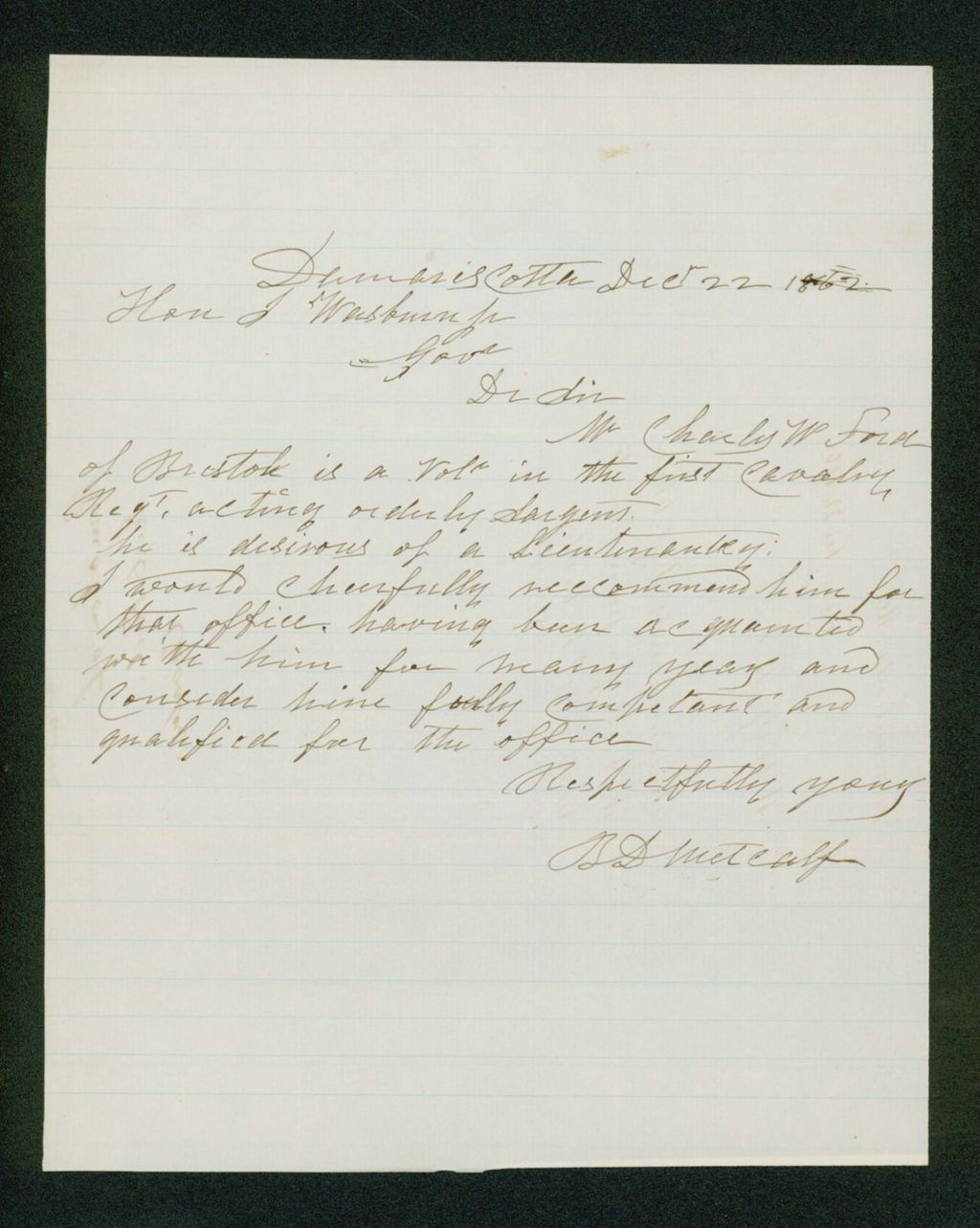 Miniature of B. Metcalf recommends Charles W. Ford for promotion to Lieutenant