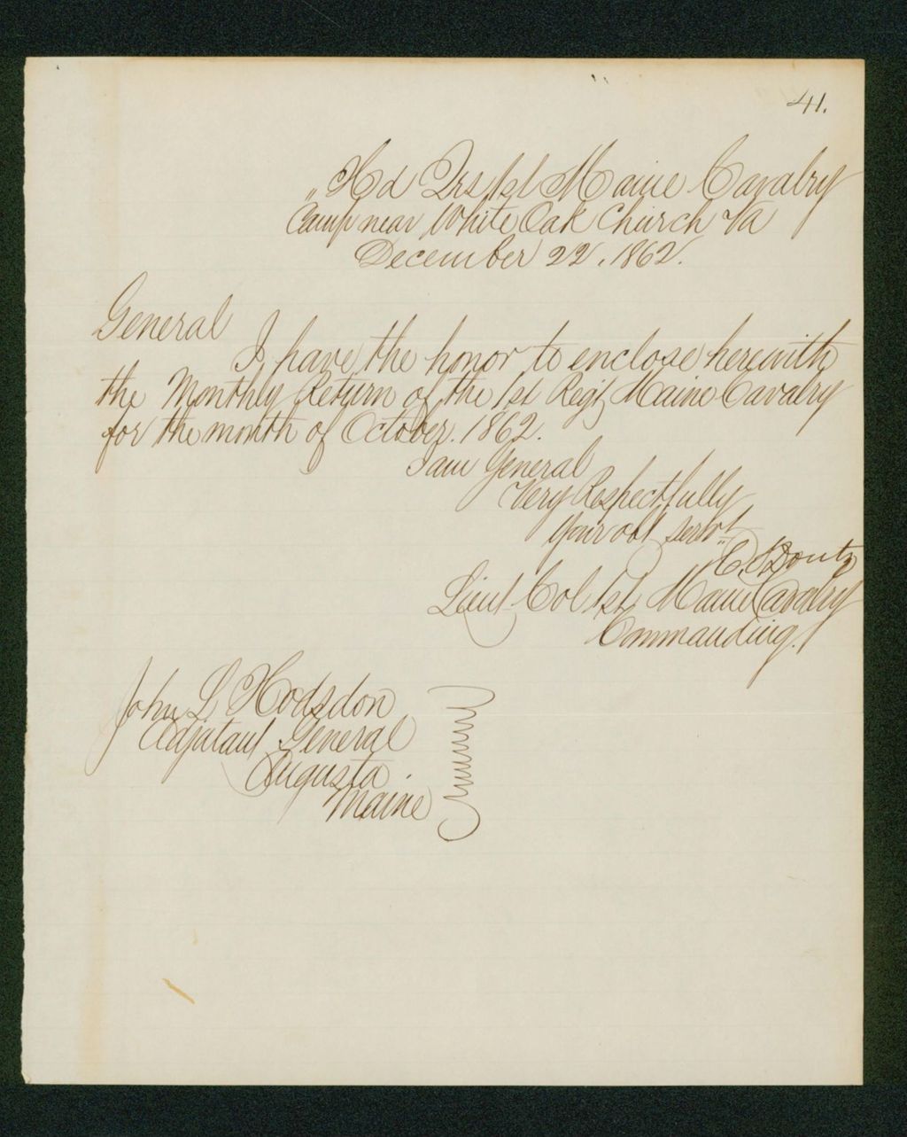 Miniature of Lieutenant Colonel Douty forwards the monthly return for October 1862